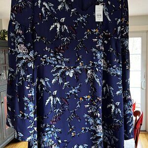 NWT LOFT Purple Floral Dress, Flared Skirt with Tiered Bell Sleeve
